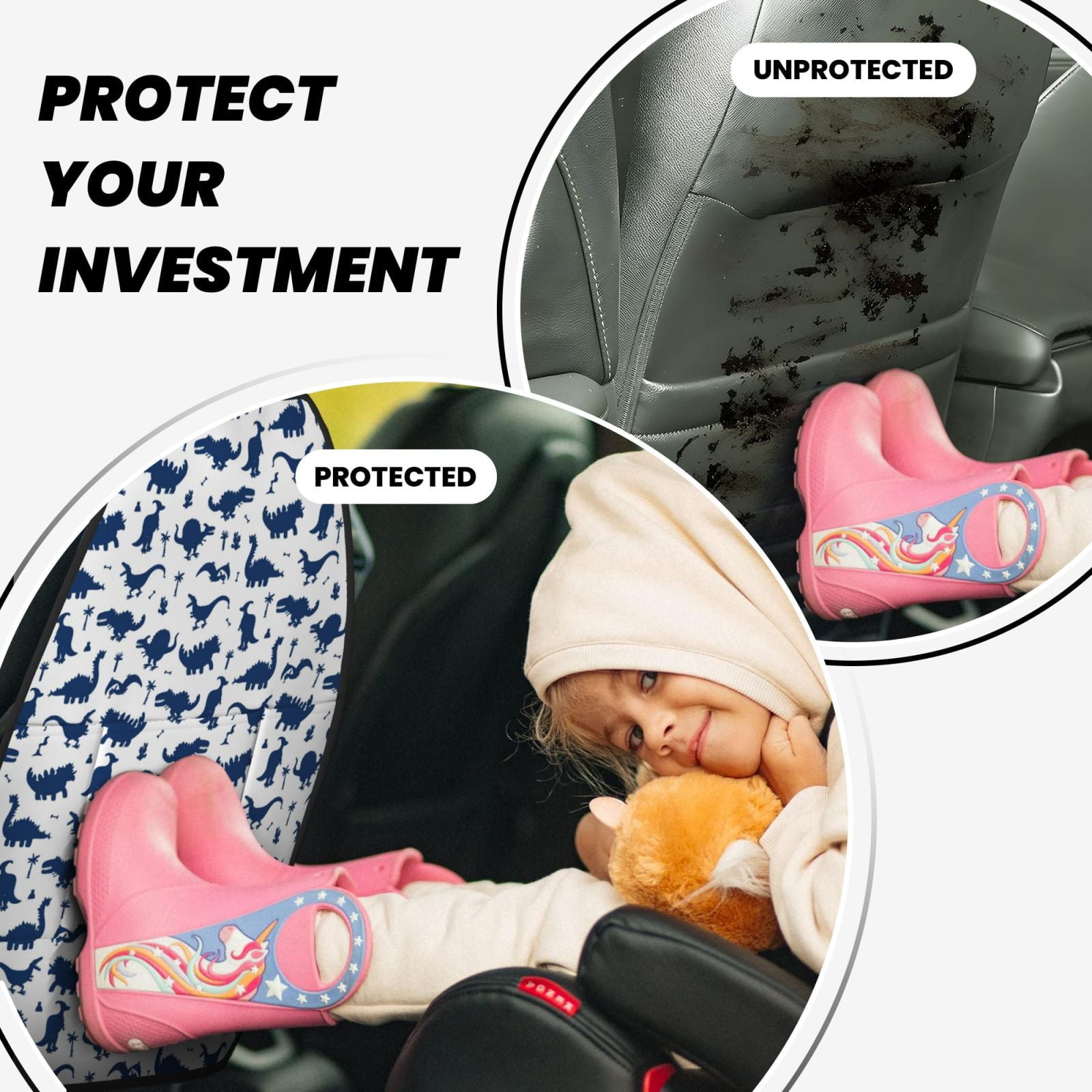Xecao Cute Cartoon Dinosaur Pattern Car Seat Back Protector 2 Pack Large Capacity Pocket, Kick Mats Back Seat Protector