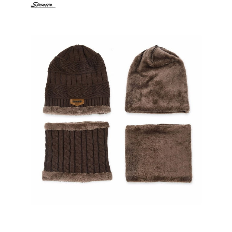 Spencer 2Pcs Winter Beanie Hat Scarf Set Lined Warm Knitted Hat Thick Skull  Cap for Men Women Black