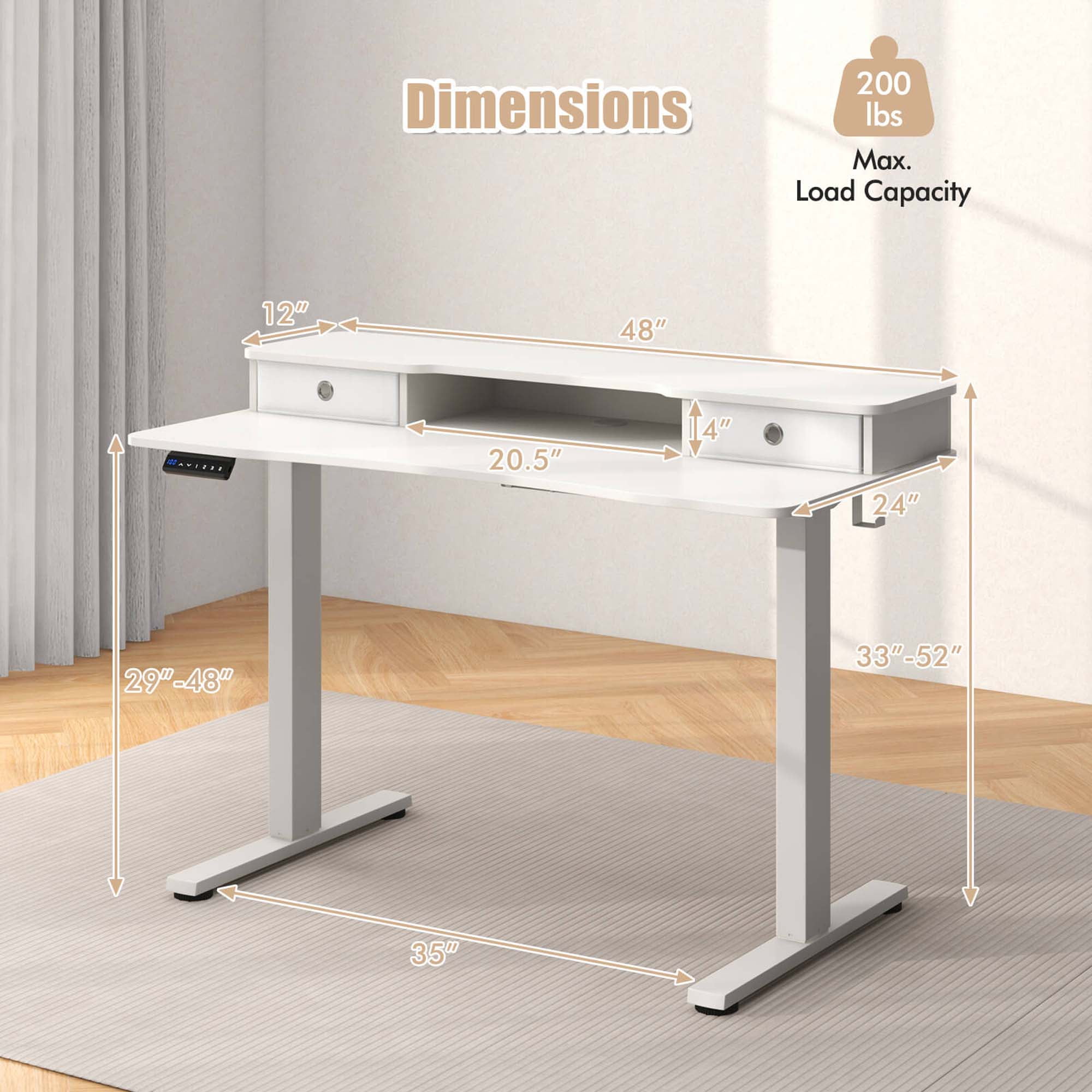 Costway 48"x 24" Electric Standing Desk with 2 Drawers Monitor Stand Storage Shelf White