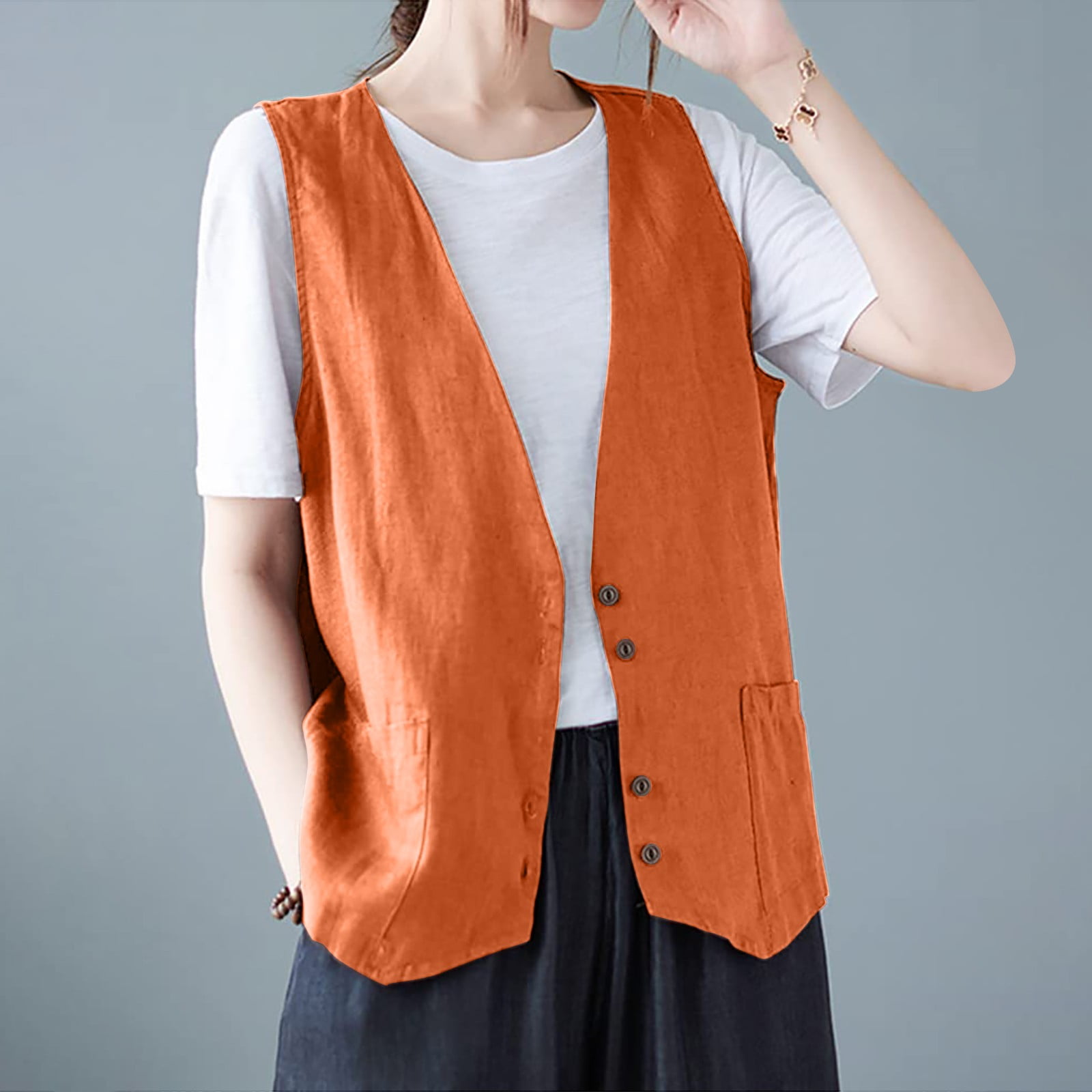 Women's Sleeveless Cotton Linen Vest Button Down V Neck Waistcoat