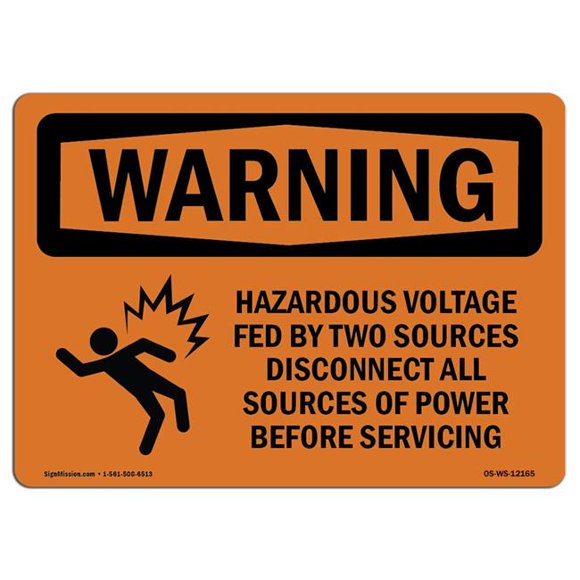 SignMission OS-WS-A-1218-L-12165 12 x 18 in. OSHA Warning Sign - Hazardous Voltage Fed by Two with Symbol