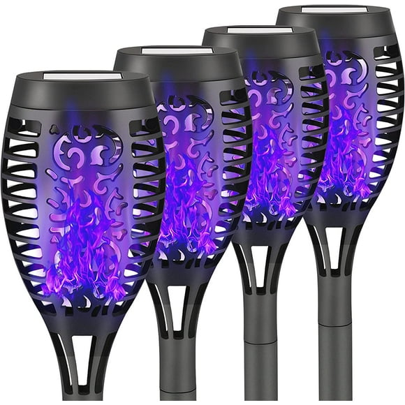 4 Pack Solar Torch Light with Flickering Flame, Outdoor Waterproof Solar Halloween Lights Decorations, Solar Torches Landscape Path Lights for Halloween Decor (Purple)