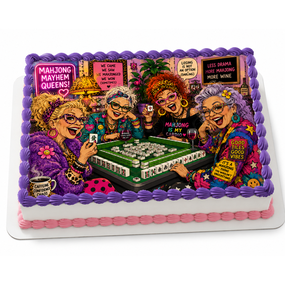 SugarMeLicious Mahjong Queens Edible Cake Topper, Funny Mahjong Birthday Cake Decoration, Ladies Game Night Dessert Image, 1/4 Sheet Frosting Sheet