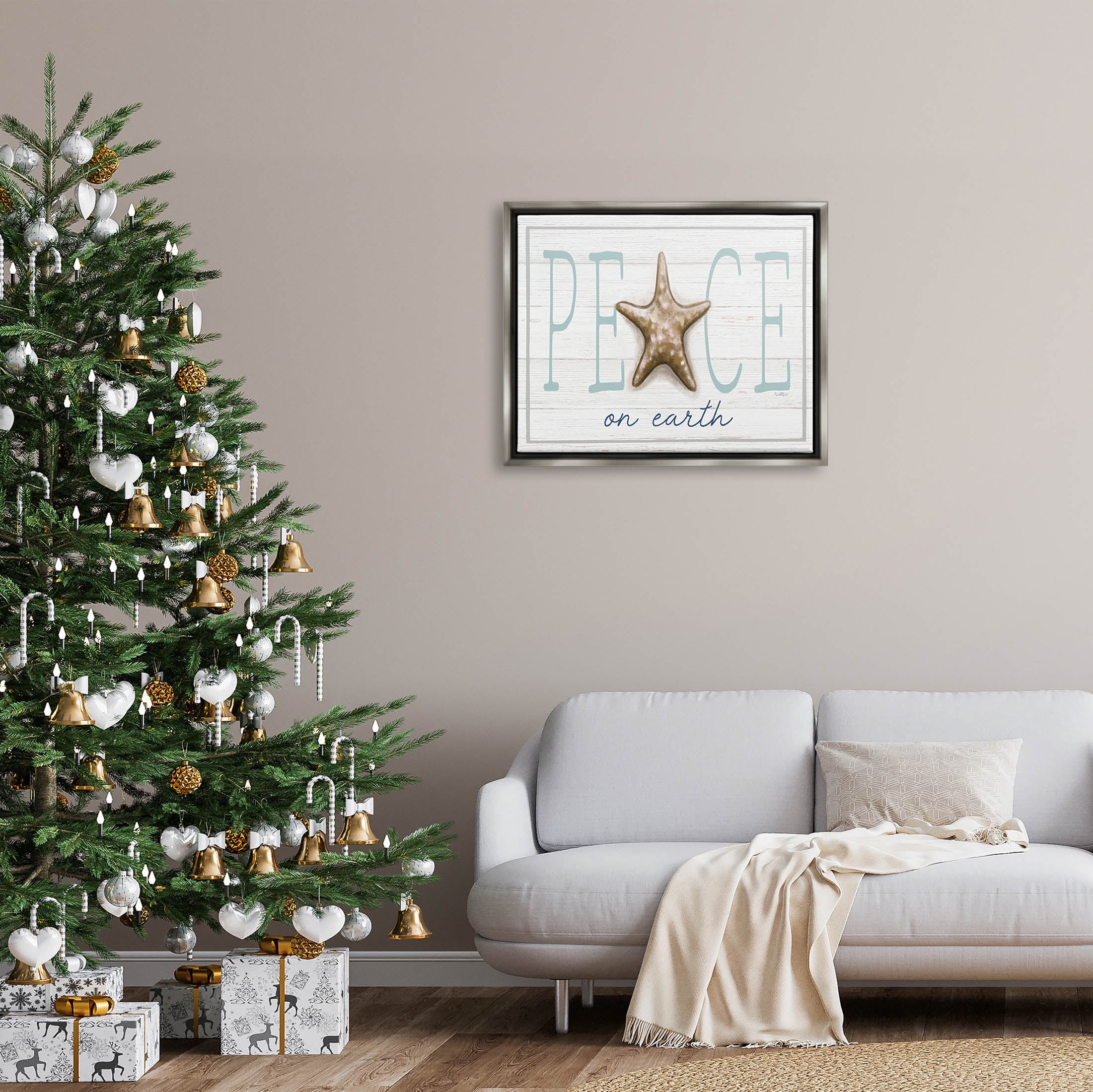 Stupell Industries Peace On Earth Starfish Sign Graphic Art Luster Gray Floating Framed Canvas Print Wall Art, Design by Elizabeth Tyndall