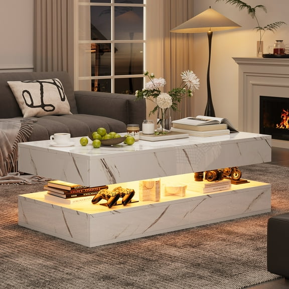 Feishominoo Coffee Table with Storage for Living Room, Modern High Glossy LED Center Table with Charging Station, White