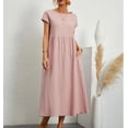thumbnail image 3 of Women's Elegant Solid Color Dress Summer Short Sleeve O-Neck Vintage Harajuku Cotton Linen Comfortable Loose Pocket Long Dress, 3 of 5