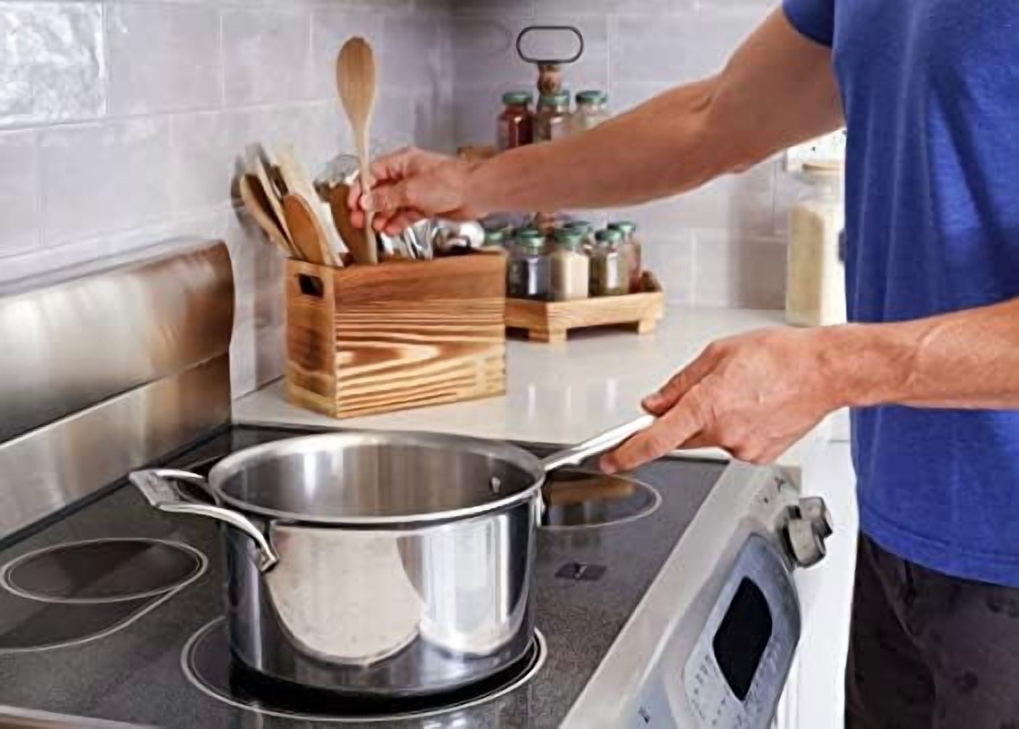 Wood Utensil Holder for Kitchen Counter - 2 Compartment Large Utensil Crock Organizer for Countertop - Tool Holder for Spatula - Farmhouse Decor