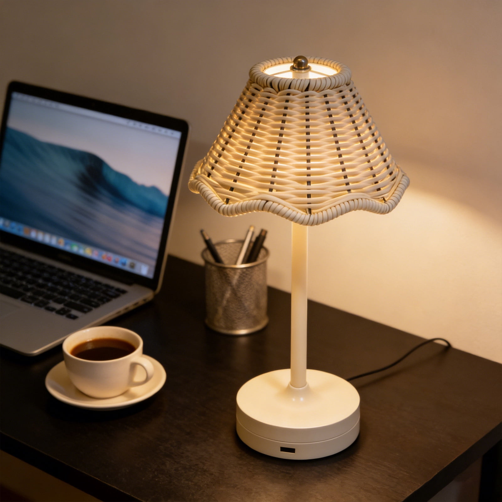 Vintage Rattan LED Table Lamp, Rechargeable Touch Control Dimmable Bedside Light with Scalloped Woven Shade for Bedroom, Living Room, and Patio Ambiance