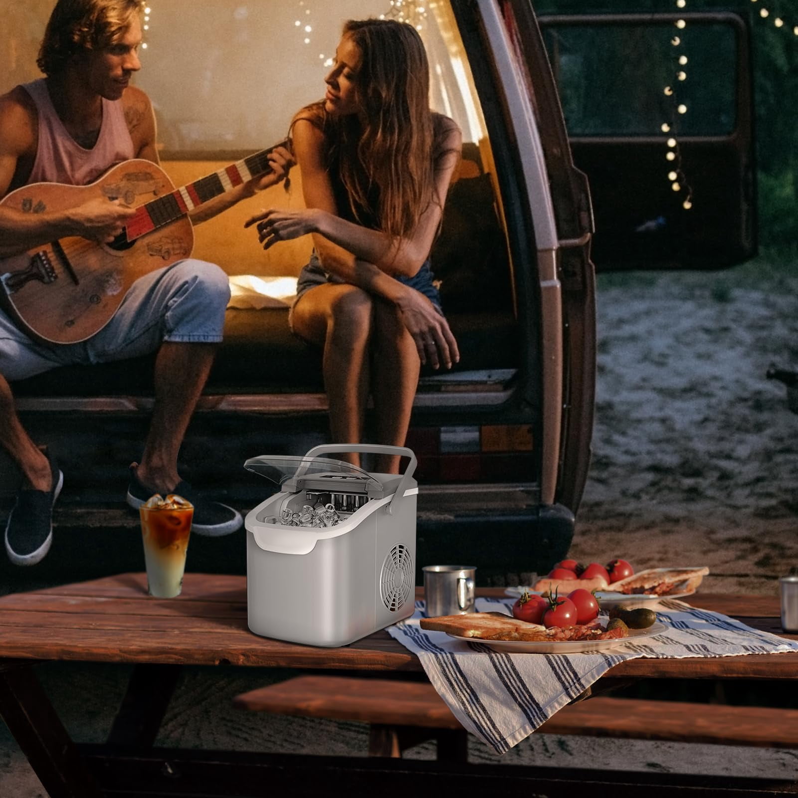 FREE VILLAGE Countertop Ice Maker Machine, 8 Ice Cubes in 6 mins, 26lb/Day Bullet Ice with 2 Sizes- Portable Mini, Energy Saving & Basket/Scoop for Home/Party/Travel/Camping/Bar,Grey