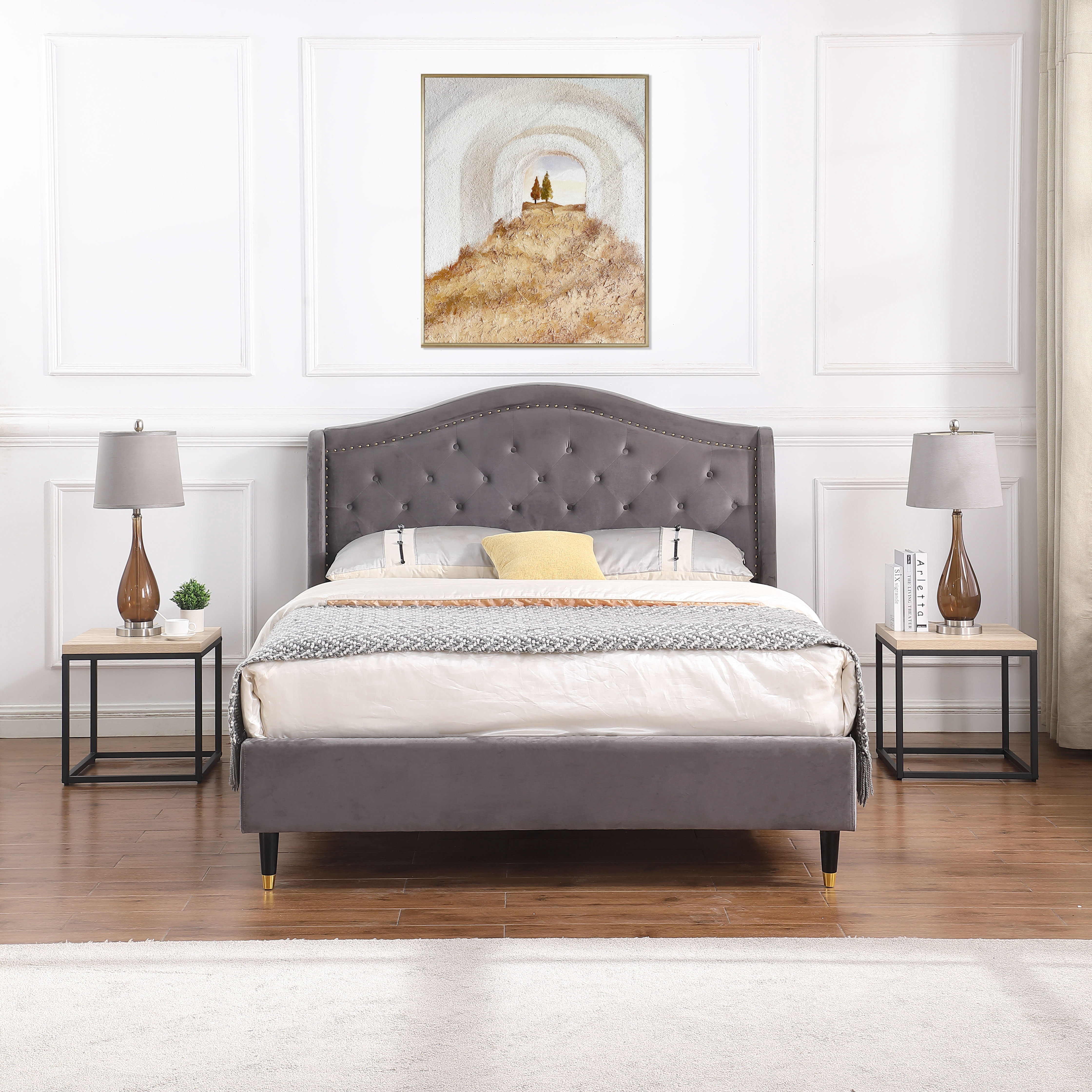 End Table Side Table,Square Wood and Metal Nightstand,Storage Small End Table, for Living Room Bedroom, Natural Oak