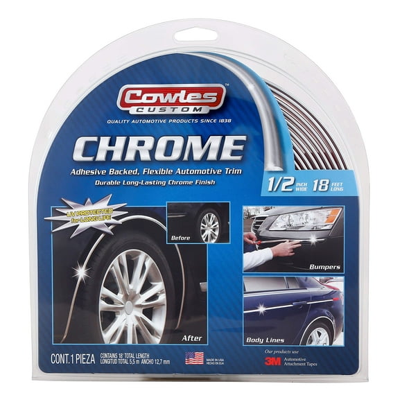 COWLES - Premium Universal Body Molding for All Vehicles - Easy Install, Chrome Finish, 1/2" by 18 ft, UV Protected, Long Lasting Flexible PVC