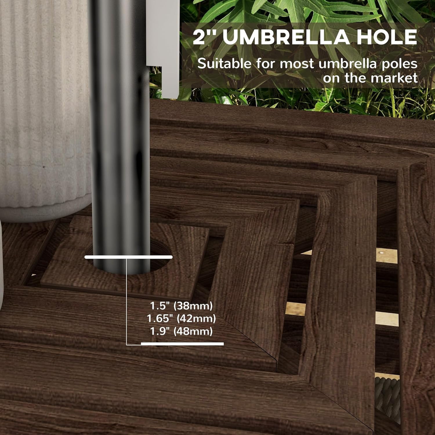 Auto Beyond 2-in-1 Outdoor Storage Box for Umbrella Base, Coffee End Table, Wooden Patio Umbrella Stand Table with Umbrella Hole, Brown