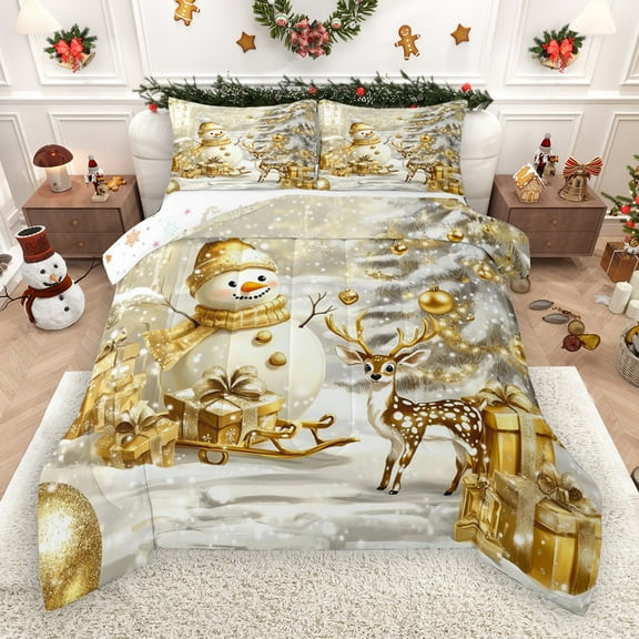 Castle Fairy Cartoon Snowman Deer Boy Girl 2Pcs Bedding Comforter Set,Merry Christmas Xmas Twin Comforter Sets,Happy New Year Breathable Bedding Set,Luxury Bedroom Decor