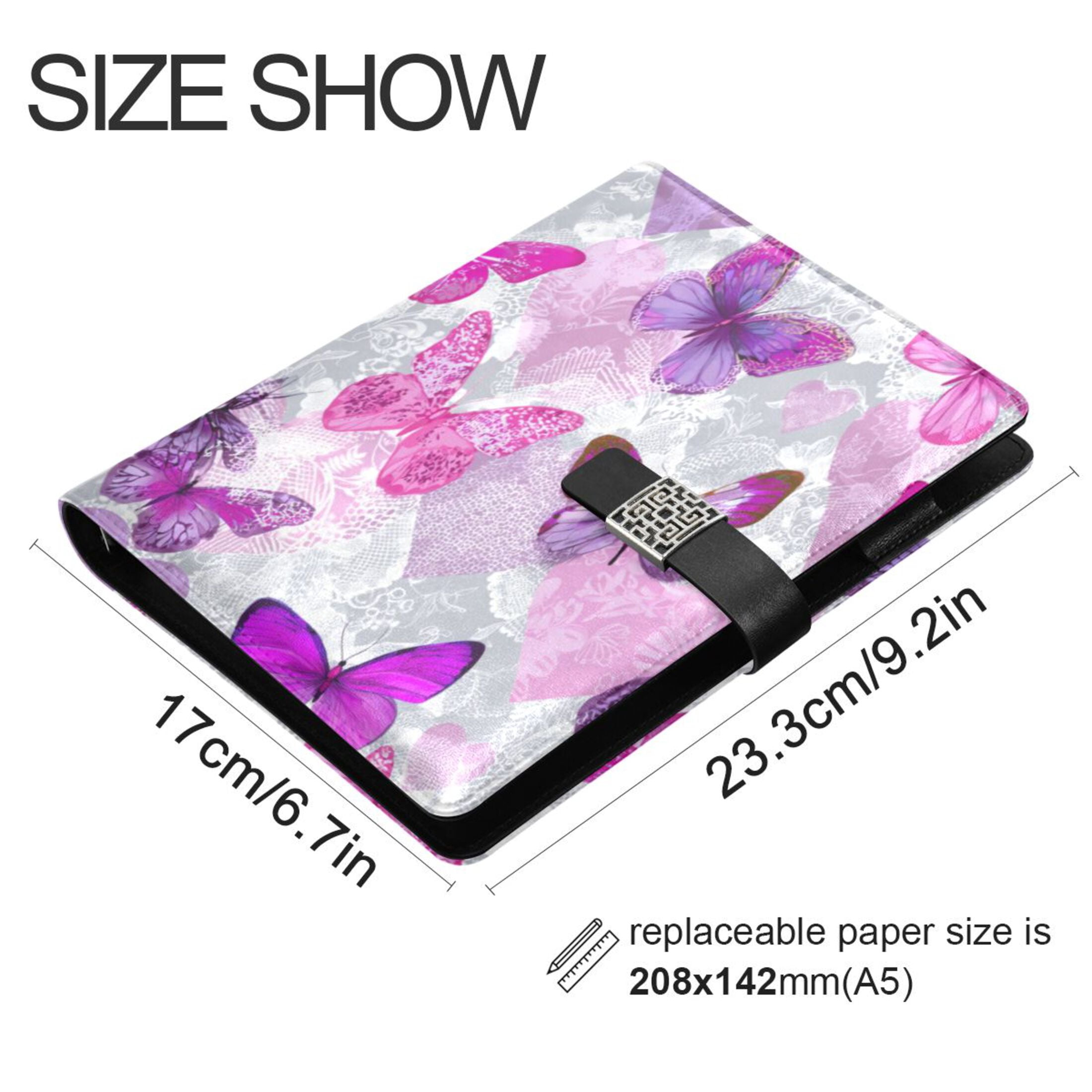Leather Planner Leather Notebook Notebook Journal Binder Design Pen Pocket Design Convenient for Storage Pink Purple Butterflies