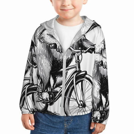 

Qekee Capybara Riding Bicycle Print UPF 50+ Kids Sun-Protective Hooded Long Sleeve Rash Guard for Fishing Water Beach Sports -4 Years