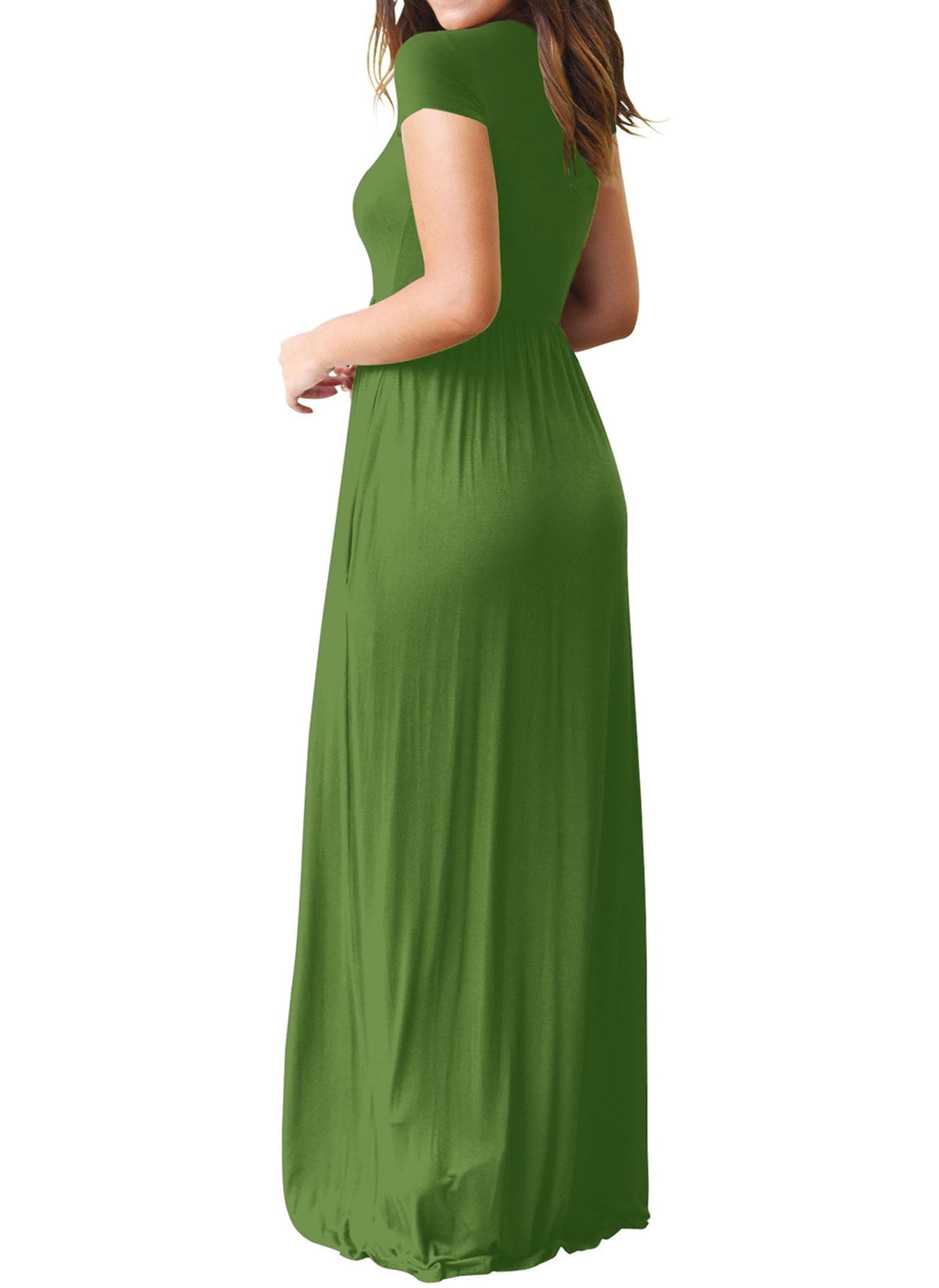Mengpipi Women's Maxi Dresses Short Sleeve Long Casual Dresses Loose Plain with Pockets, Army Green-L(US 12-14)