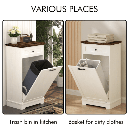 13 Gallon Tilt Out Trash Cabinet, Freestanding Wood Garbage Recycling Bin Cabinet with Drawer, Pet Proof Trash Can Holder for Kitchen Living Room, Antique White (Trash Can Not Included)