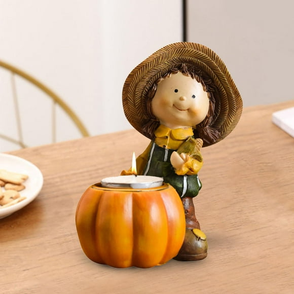 Colaxi Autumn Harvest Girl Resin Figurine Votive Candle Holder Height 13.5cm Handcrafted Fall Ornament for Mantelpieces Multipurpose A