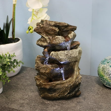 Sunnydaze Indoor Home Decorative Tiered Rock and Log Waterfall Tabletop Water Fountain with LED Lights - 10