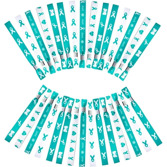30 Pcs Teal Ribbon Bracelets, 5 Style Polyester Single Side Adjustable Cervical Cancer Awareness Support Wristband for Event Fundraising