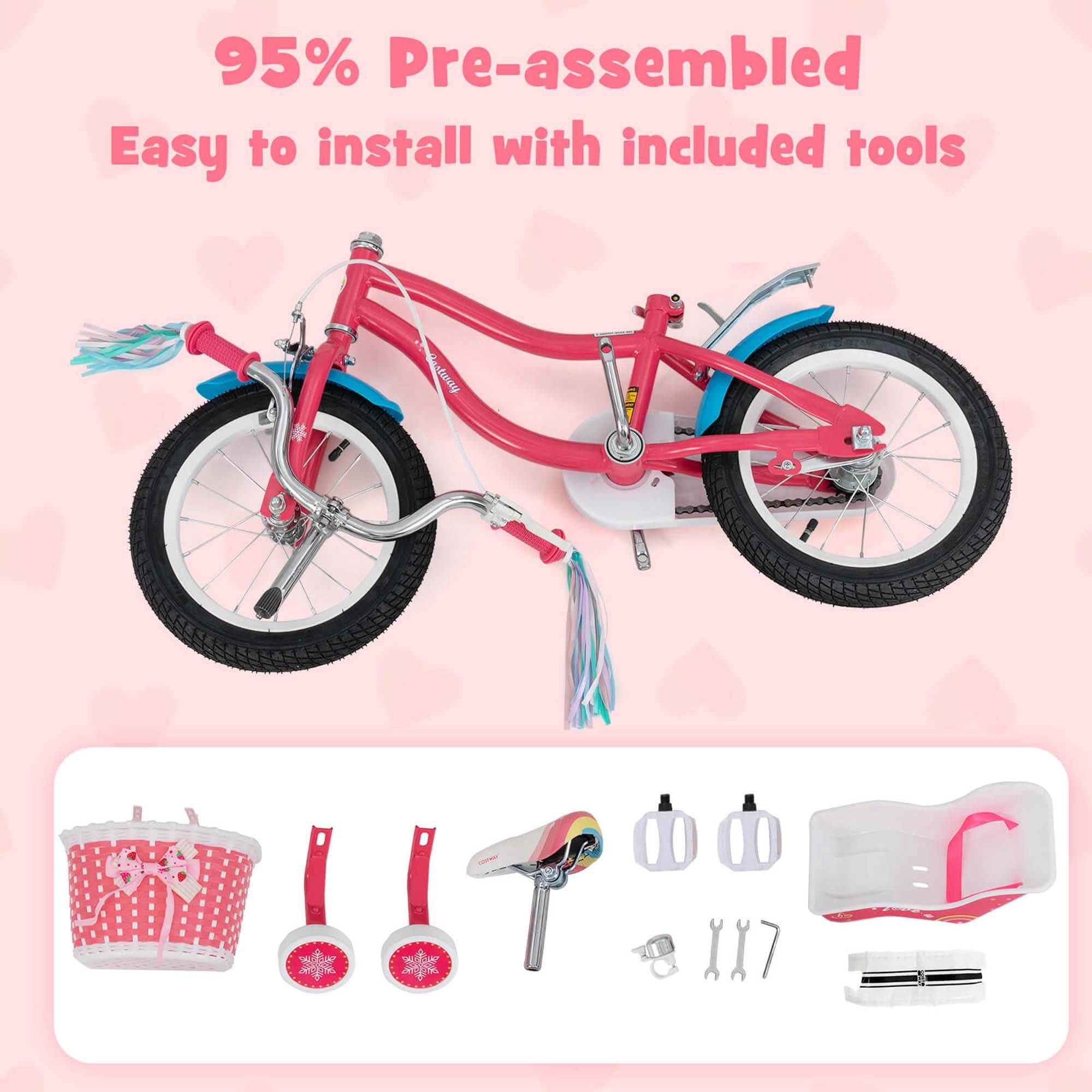 Costway 14 Inch Kids Bike with Basket Doll Seat & Colorful Streamers 2 Training Wheels Pink
