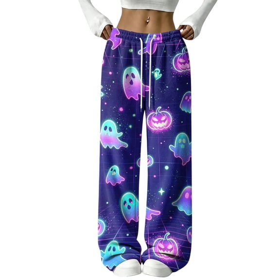 QWKLEAJ Halloween Pajama Pants Women Pumpkin Print Lounge Pants Drawstring Wide Leg Sleepwear Fall Holiday Loungewear Cozy Home Trousers Autumn Themed Bottoms Festive Nightwear
