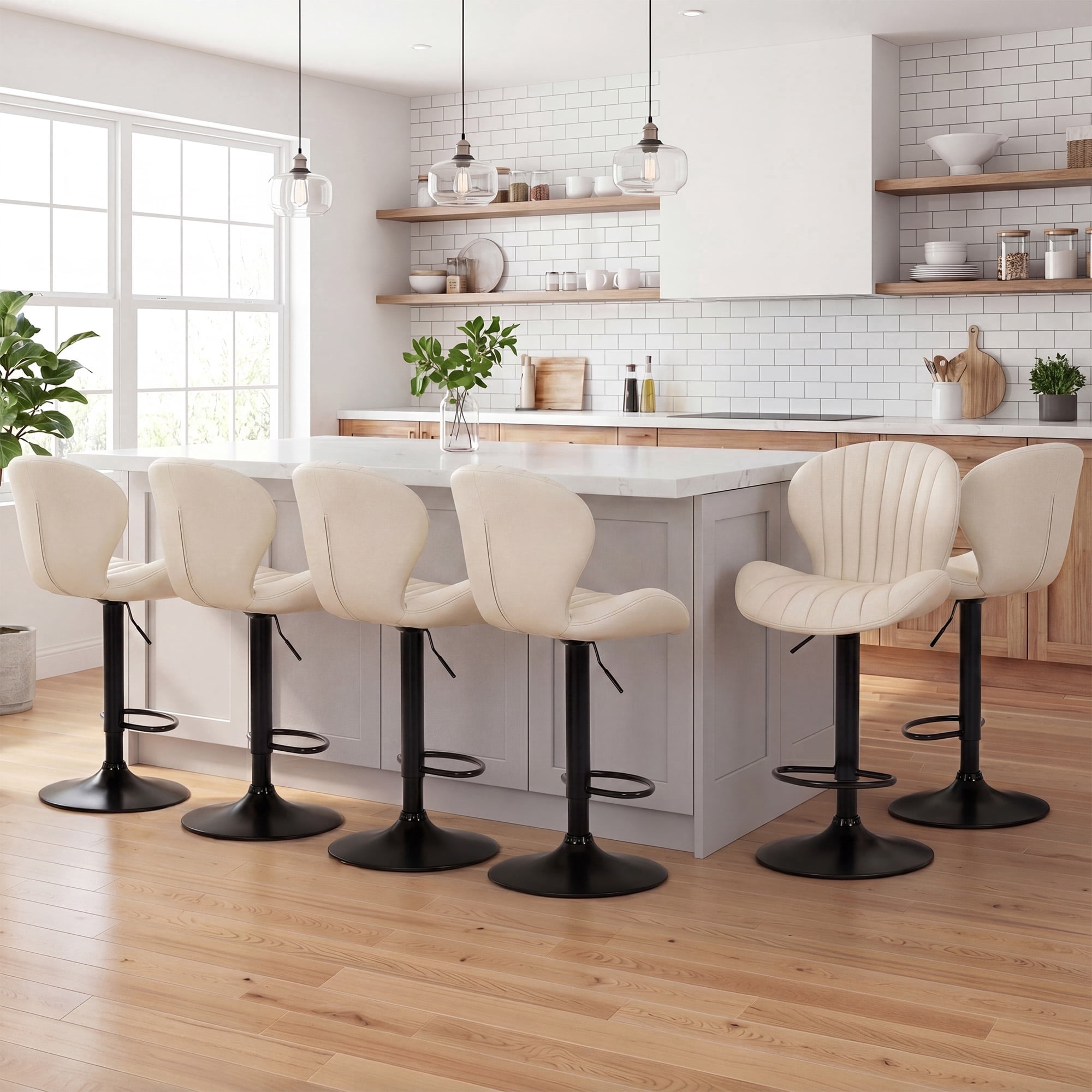 AFO Swivel Bar Stools Set of 6, Adjustable Height Barstools with Shell Back, Modern PU Leather Kitchen Island Chairs for Dining Room, Home Bar, Pub, Beige