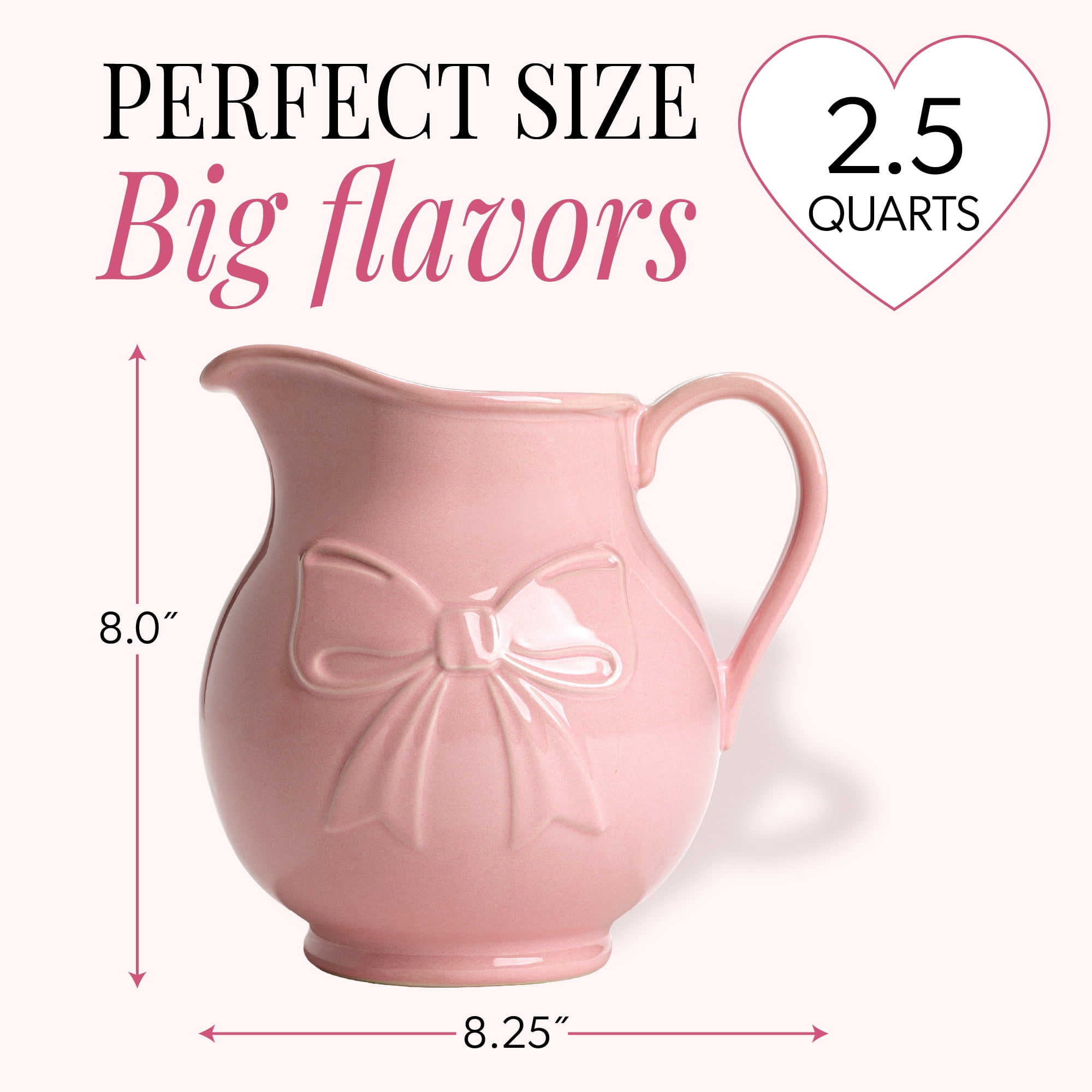 Paris Hilton Ceramic Stoneware Pitcher, 2.5-Quart, Bow Design, Microwave and Dishwasher Safe, London Pink