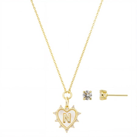 Believe by Brilliance Women's 14Kt Gold Flash Plated Mother of Pearl and Cubic Zirconia Heart "N" Necklace and Earring Set