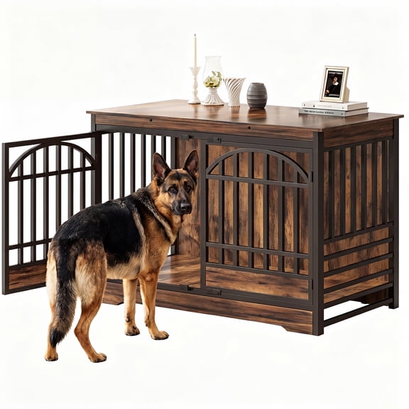 Scohul 52 inch Dog Crate Furniture for Large Dogs, Heavy Duty Indoor Kennel with Double Arched Doors, XL, Rustic Brown