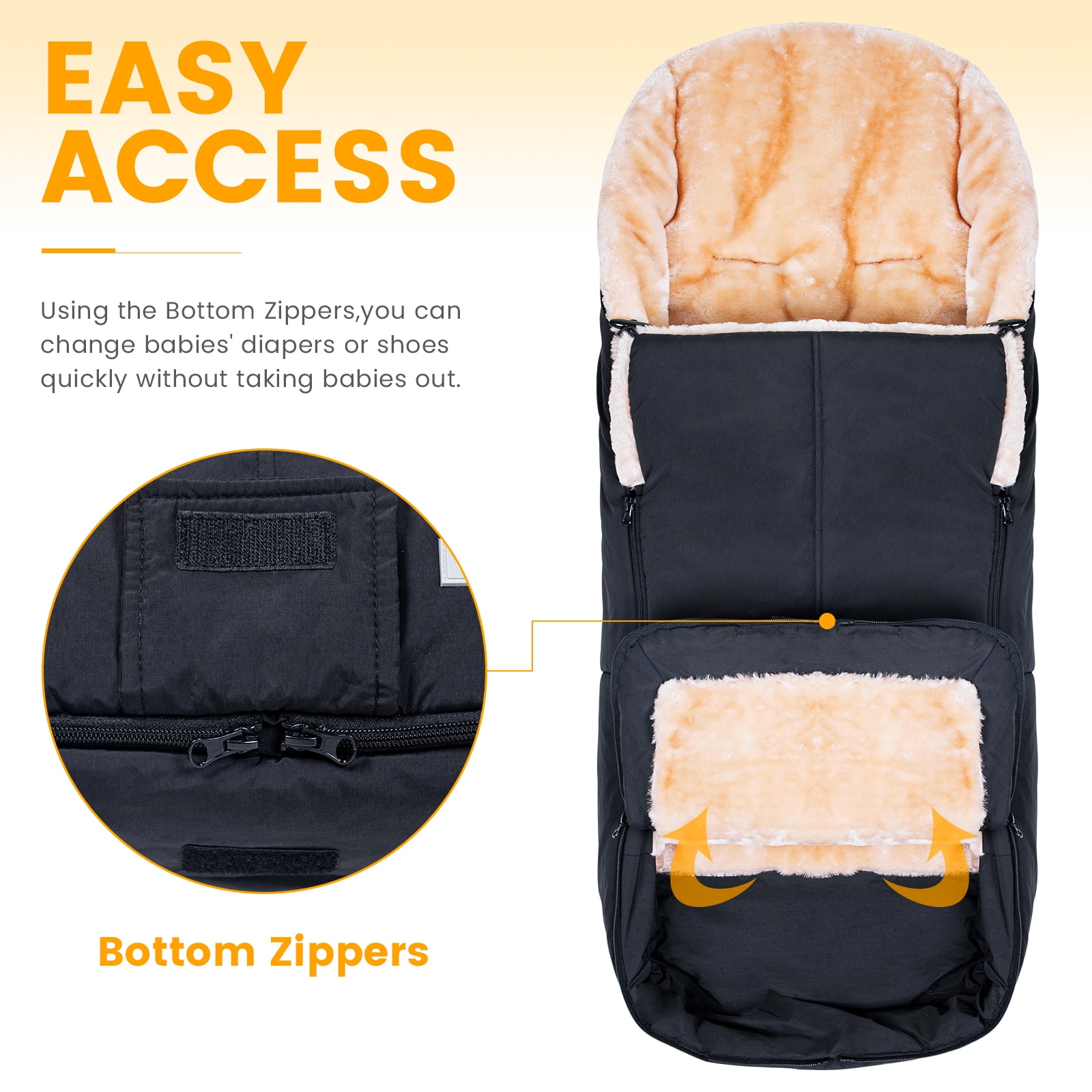 Orzbow Wool Warm Bunting Bag Universal,Suitable below 7 ℃,For Alaska,Stroller Sleeping Bag Cold Weather,Waterproof Toddler Footmuff, Black