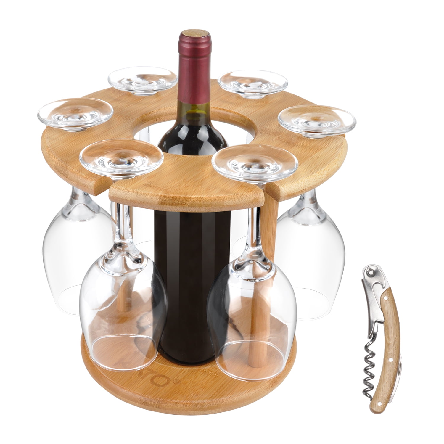 Wine Glass Hanging Drying Stand Organizer on Countertop Tabletop with Free Corkscrew Bamboo Kato Wine 2 Bottle Holder & 4 Glass Rack 