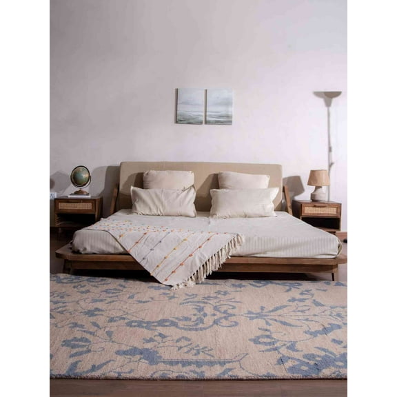 HAND KNOTTED WOOL FLORAL MODERN AREA RUGS - 6'x9', Rectangle Shape, Beige Color, Classic Traditional Design, Low Pile Handmade Area Rugs for Living Room, Bed Room (N00913)