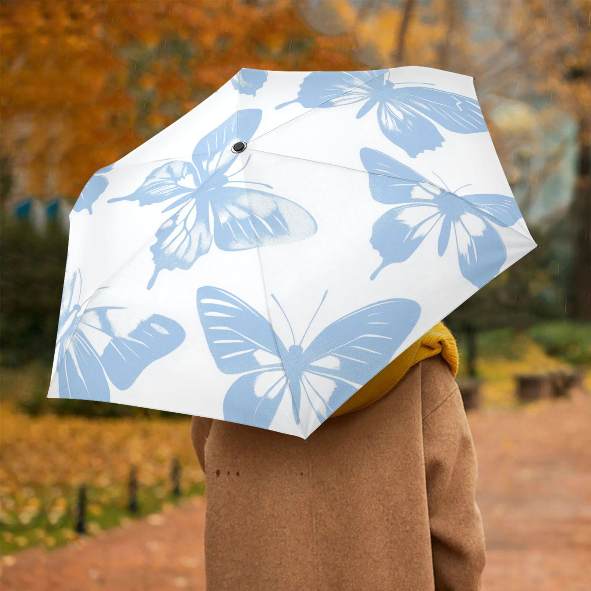 FORMRS Travel Umbrella Folding Auto Open Close Windproof Rain UV Protection, Blue Butterfly