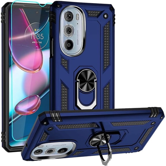 for Motorola Moto Edge Plus 2022 Case, Edge  2022 Case with HD Screen Protector, Military-Grade Metal Ring Holder Kickstand 15ft Drop Tested Shockproof Cover Case for Moto Edge  2022, Blue