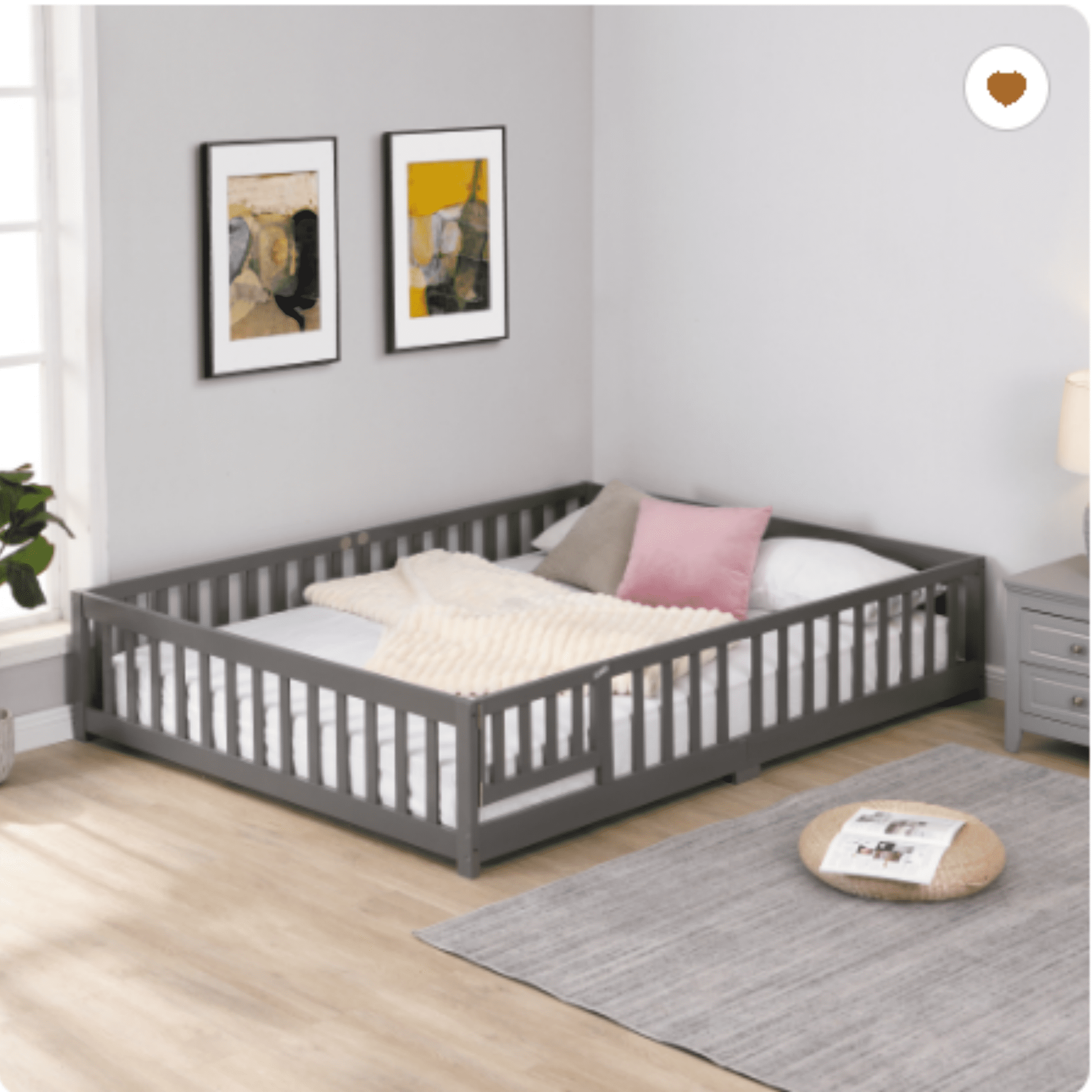 Full Size Bed Frame with Door and Fence,Guardrails and Solid Slats,Solid Wood Platform Full Bed Frame for Girls and Boys,77.8"x57.1"x17.5",Gray