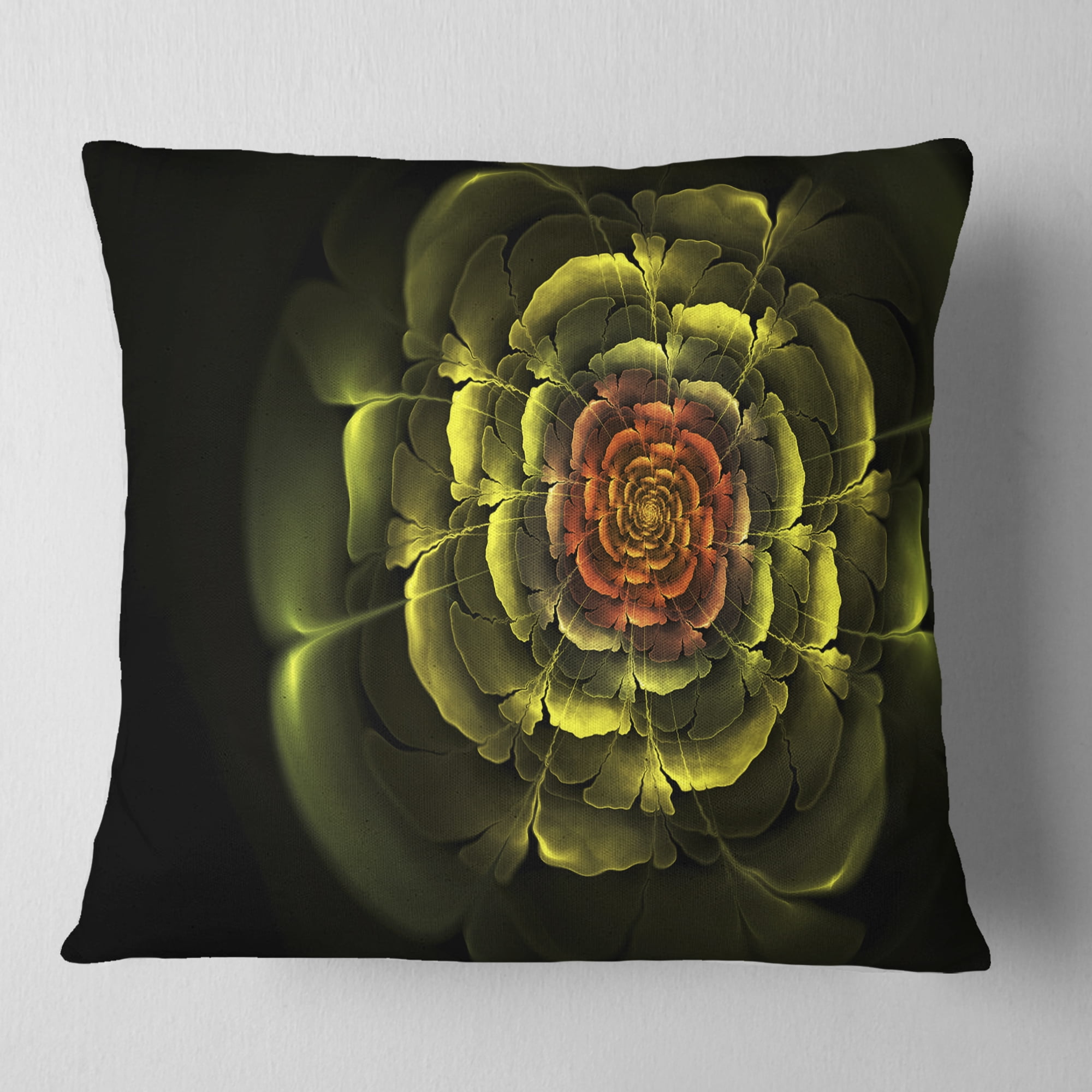 Designart Fractal Yellow Rose in Dark - Floral Throw Pillow - 16x16