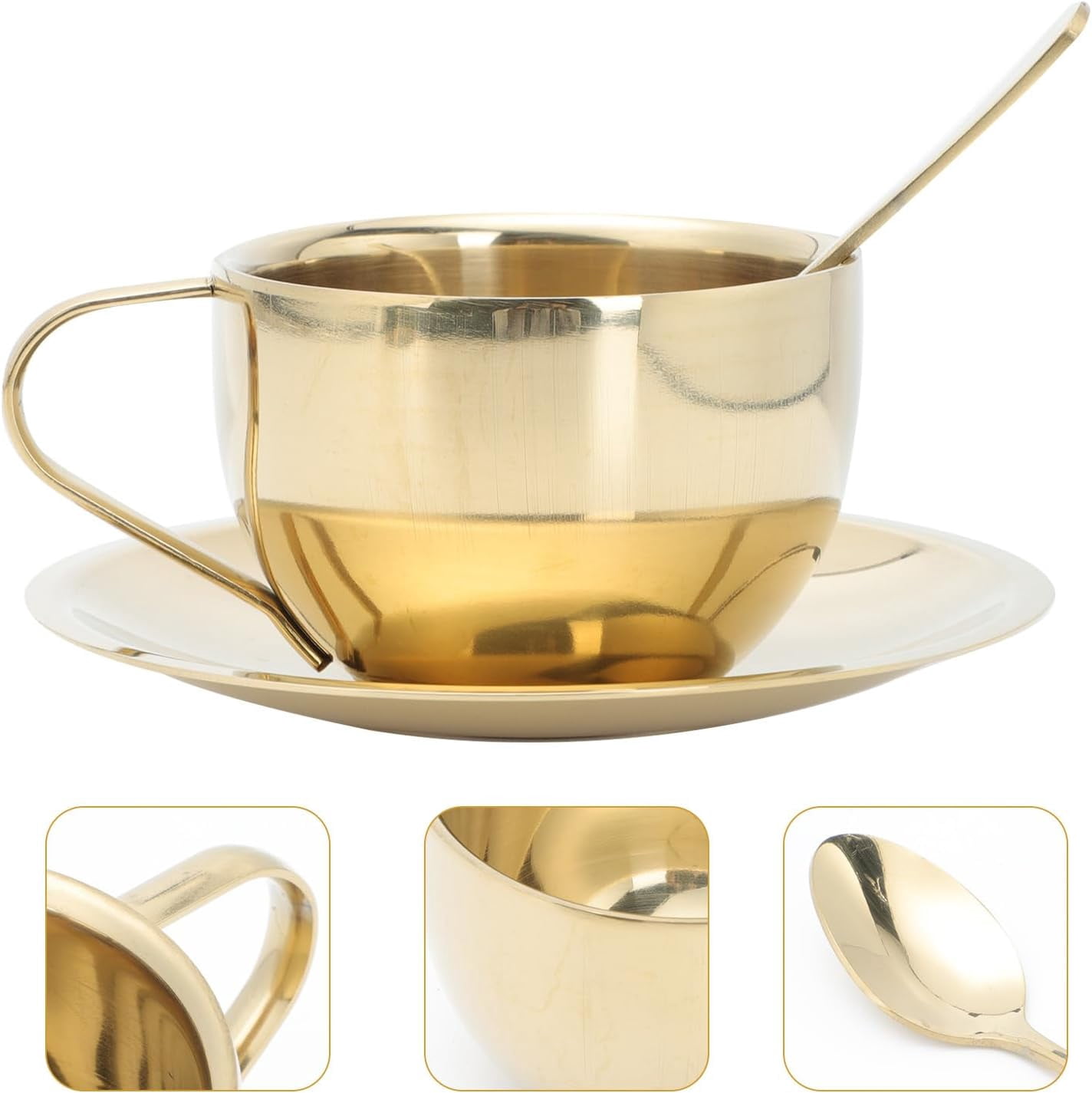 ABCISI Stainless Steel Coffee Cup Set with Saucers and Spoons, 7Oz Double Wall Espresso Mugs for Tea Latte and Cappuccino Enjoyment for Home Coffee Shop and Office, Gold