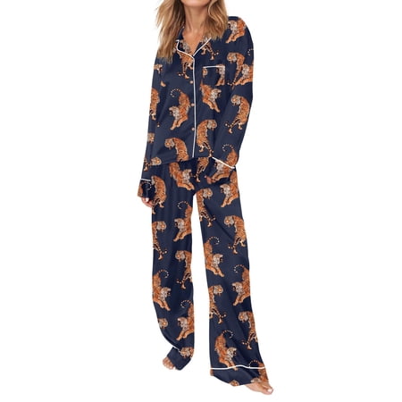 Women Satin Silk Button Down Pjs Sets Cozy Pajama Sets Tiger Printed Long Sleeve Button Down Shirts Pants Casual V Neck Spring Summer Pajamas Pyjamas Pjs Dark Blue S