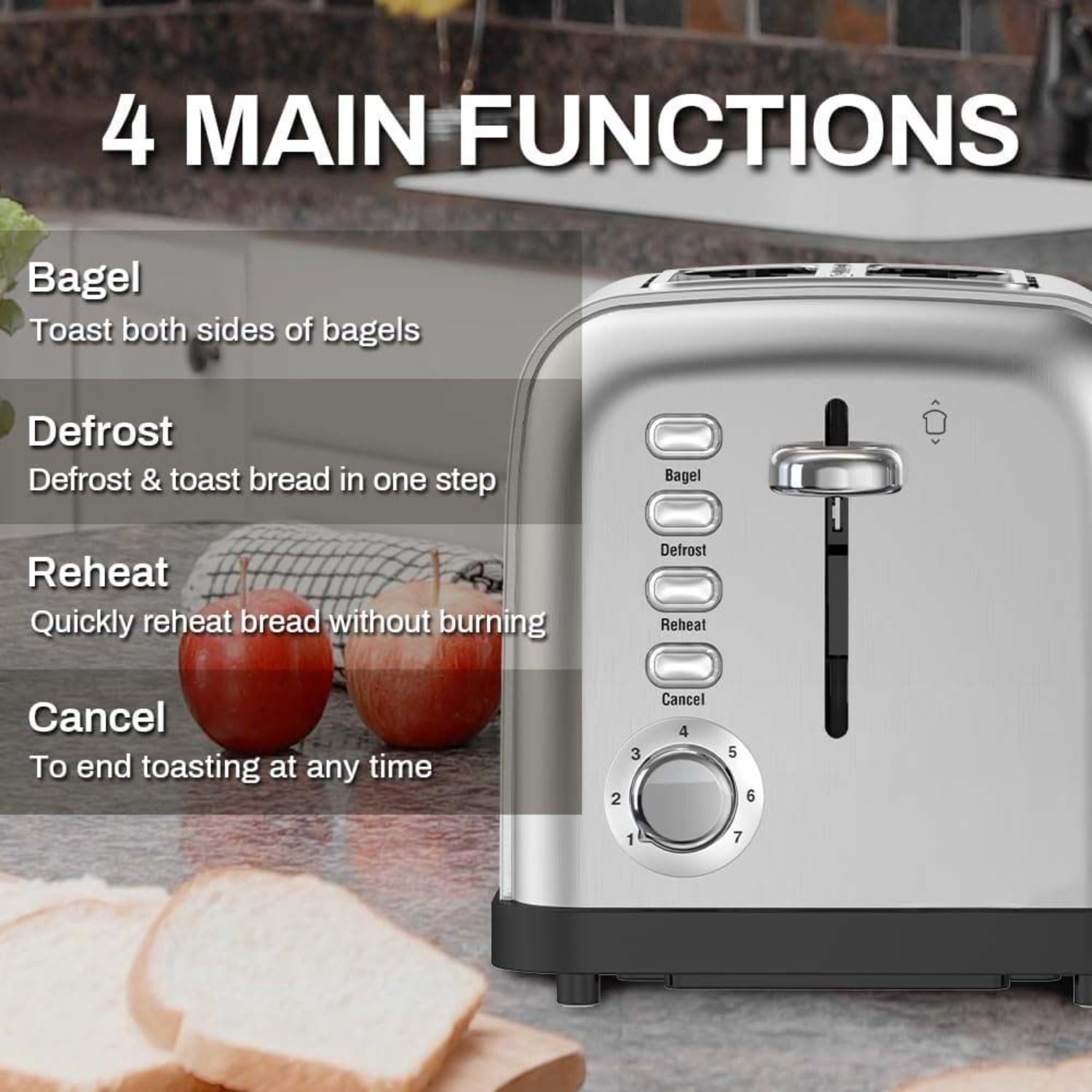 2 Slice Extra Wide Slot Toaster Brushed Stainless Steel 7 Shade Settings 900W with Bagel Defrost Functions