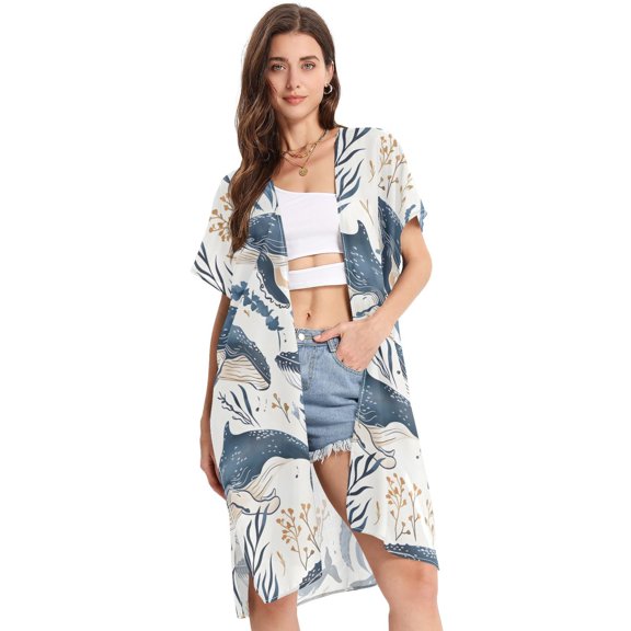 Beach Vacation Clothes Kimono Cardigan Loose Swimsuit Cover Up for Women Underwater Humpback Whales Swimming S