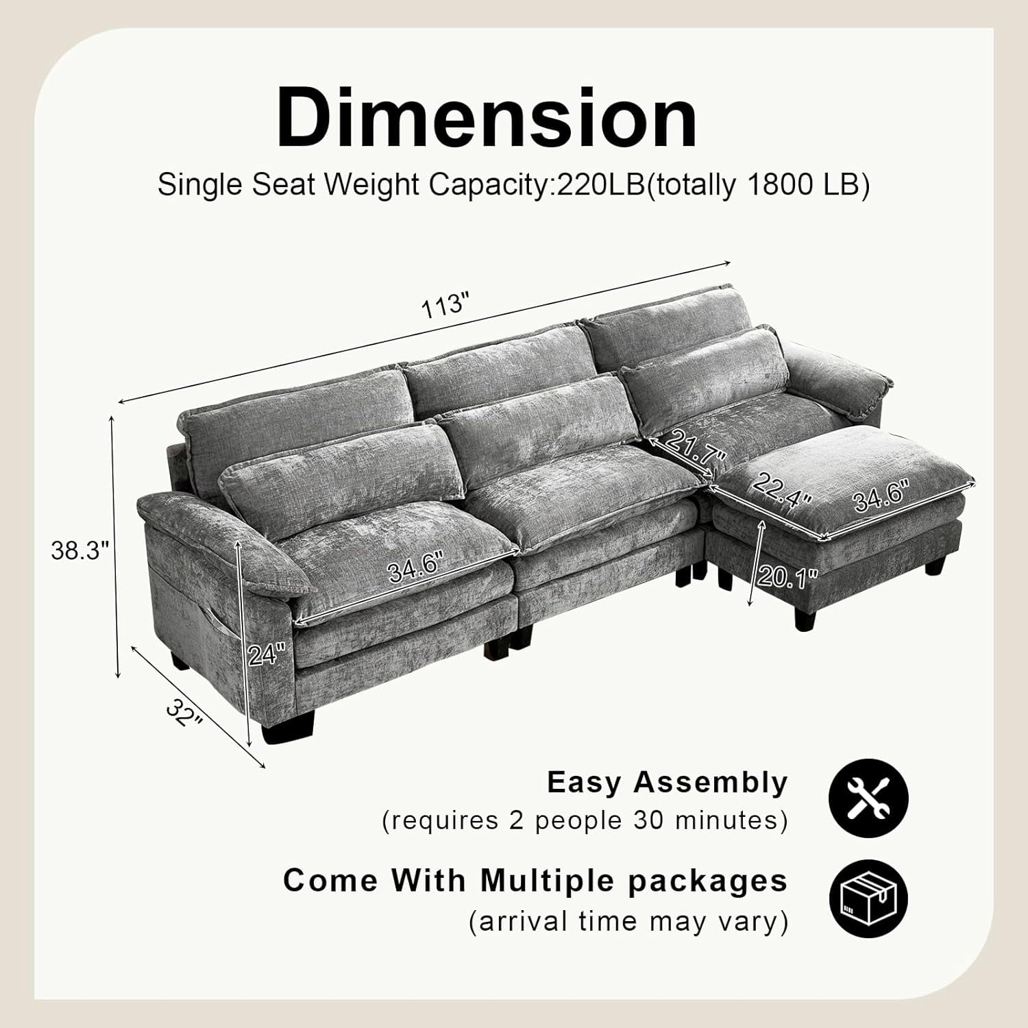Howcool 113" Modular Sectional Sofa , 3 Seater L-Shaped Cloud Couch with Movable Ottoman, USB Charging Ports & Side Pockets, Sectional couchs for Living Room,Chenille Fabric,Grey