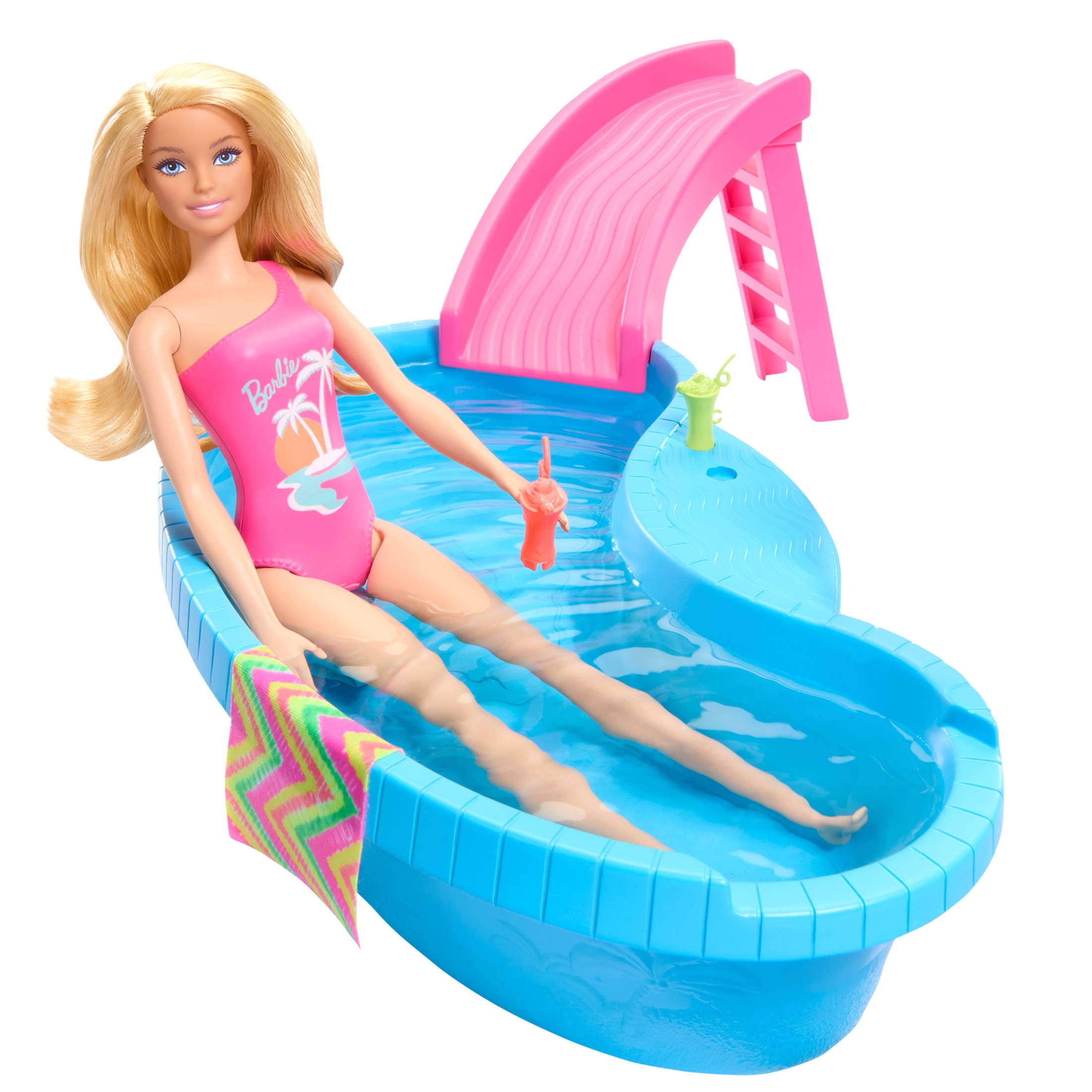 Barbie Doll and Pool Playset, Blonde with Pool, Slide, Towel and Drink Accessories, Multicolor