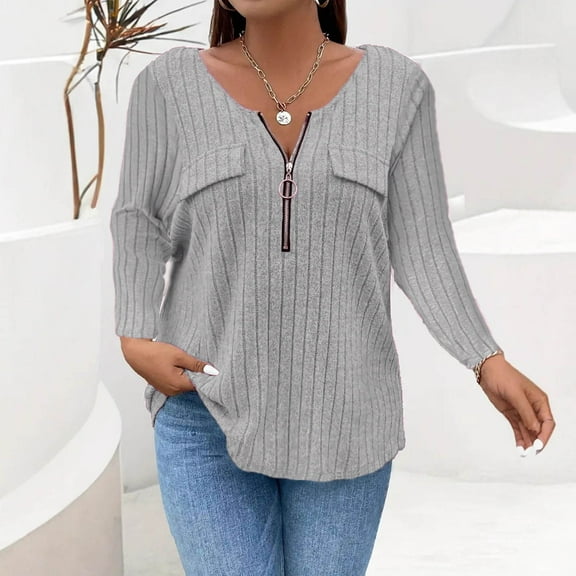 HongQid Womens Plus Size Long Sleeve Zipper V Neck Tops Solid Color Tunic Shirts Fall Spring