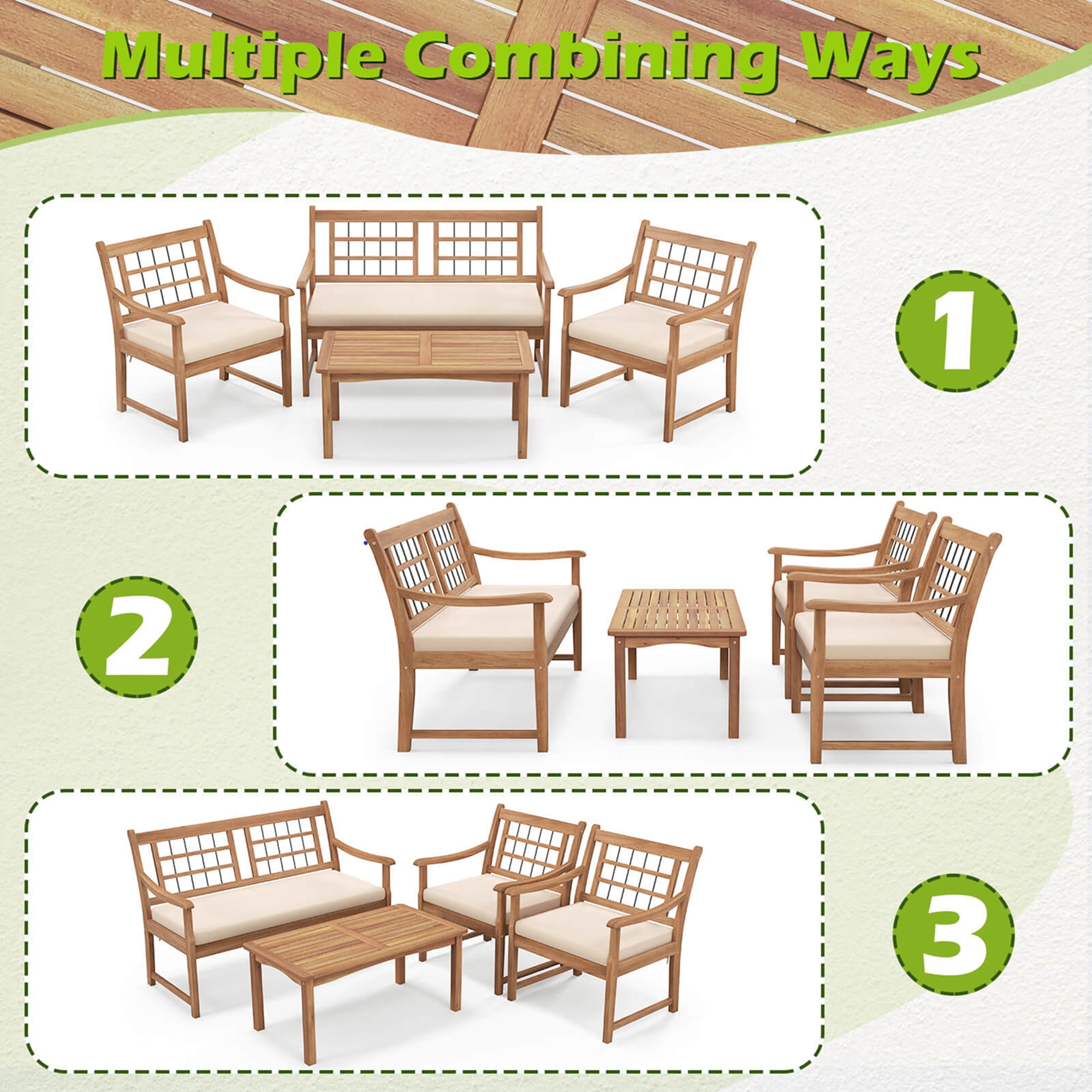 Costway 4 PCS Wood Patio Furniture Set with Soft Seat Cushions Solid Acacia Wood Frame Off White