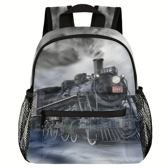 Retro steam train theme leisure backpack; lightweight commuting travel bag; multi-functional student rucksack.