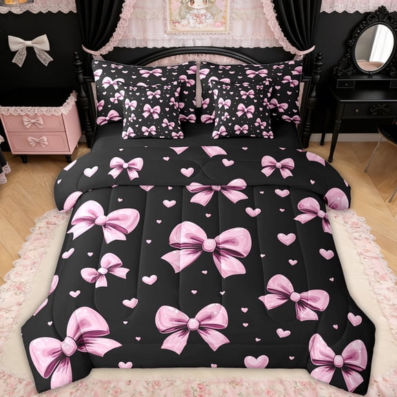 Erosebridal Bow Love Heart Twin Bedding Sets for Girls, Black Pink Bowknot Bedding Comforter Set for Women, Black Reversible, 7-Piece