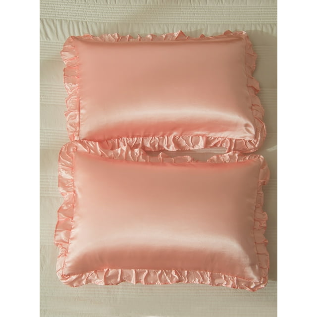 MOVE OVER Pink Ruffle Pillowcases Queen, Silky Satin Girls Pillow Cover Set of 2, Luxury Satin Ruffle Pattern, 2 Pack