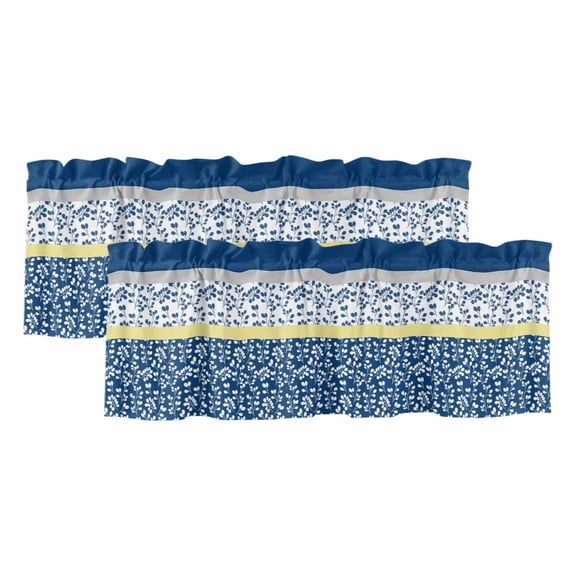 Blue Yellow Valances for Windows, Botanical Floral Motifs Wildflower Striped Light Filtering Kitchen Curtains, Rod Pocket Window Valance Curtains for Living Room Bedroom, 42" W x 12" L, 2 Panels
