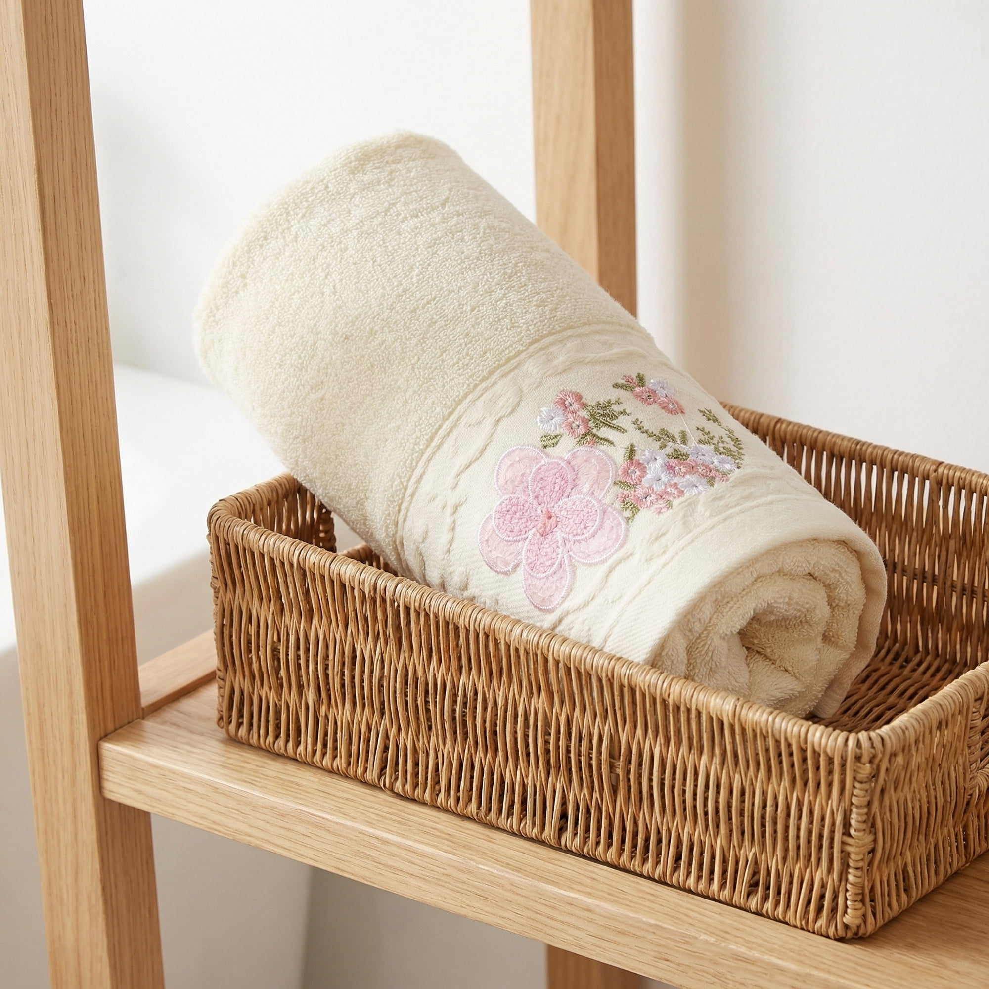 Unique Bargains Floral Embroidered Soft Absorbent Set Hand Towels Milky White 2pk